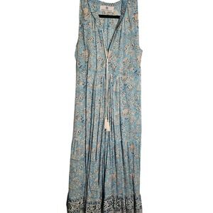 MISS MADIGAN Blue Floral Sleeveless Maxi Dress Tassel Tie Boho Sz Lg  P2P 19"